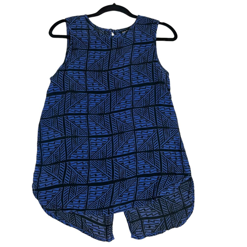 Lucky Brand Blouse Sleeveless Blue Black Printed‎ Split Back Top Women's Small